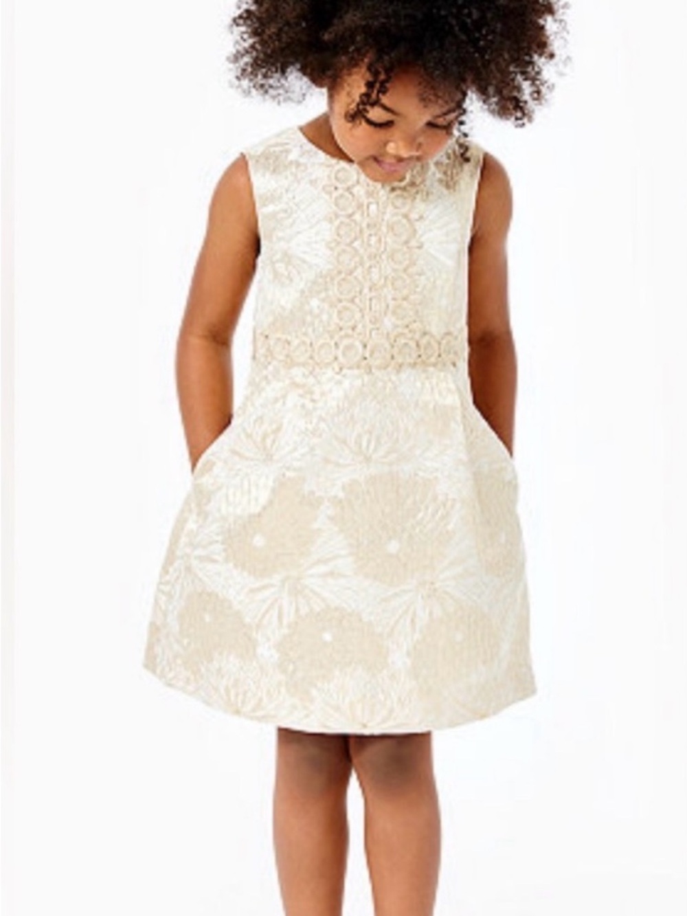 Lilly Pulitzer Girls Mini Clare Dress, Gold Metallic Full Bloom Brocade